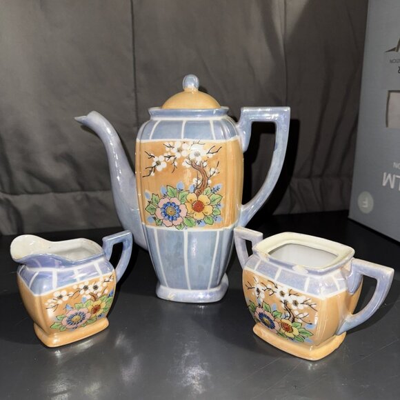Lusterware Tea Set Made in Japan Floral Peach Luster Teapot Sugar Creamer Set - Picture 1 of 16